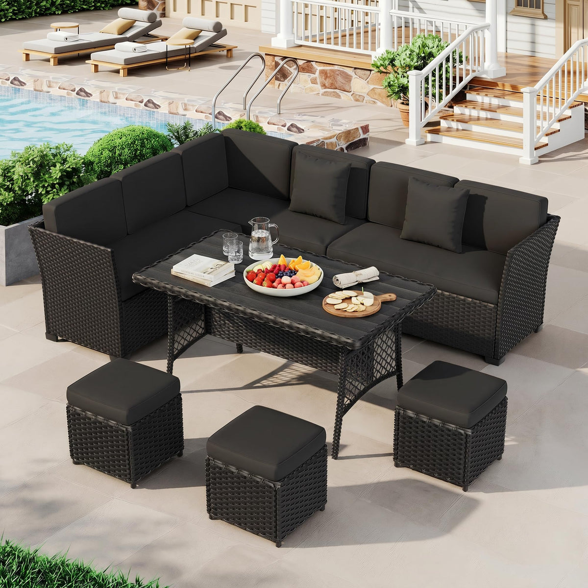 LOUVIXA 7 Pieces Patio Furniture Set, Outdoor Patio Furniture, Wicker Conversation Set with Dining Table, Chairs and Ottoman (6237 Grey-Brown)