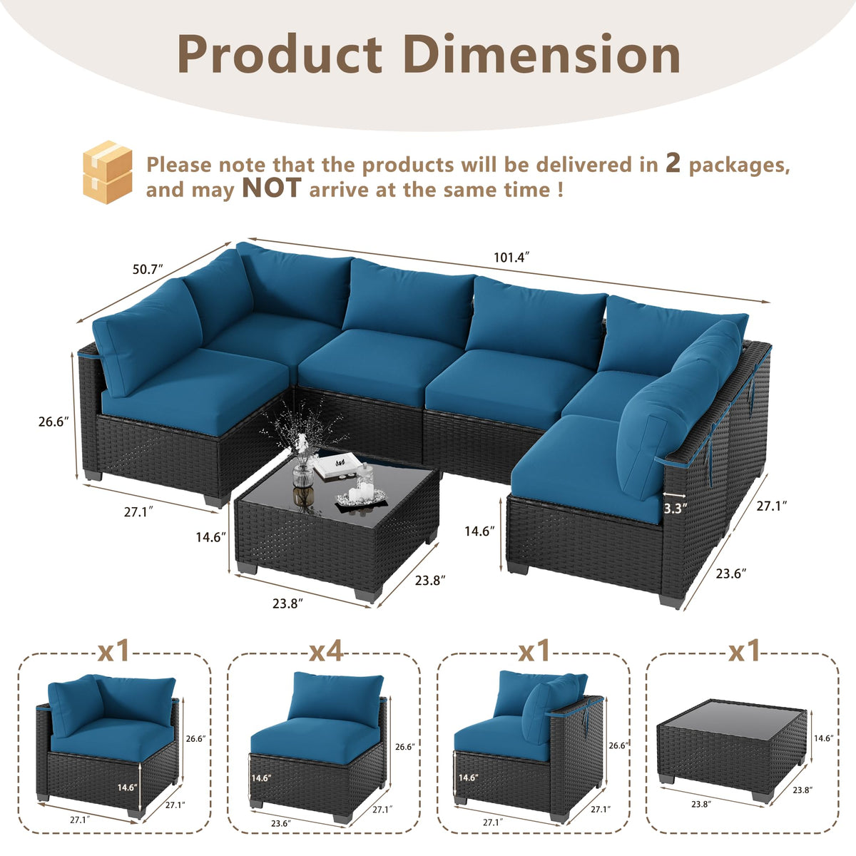 LOUVIXA 7 Piece Outdoor Patio Furniture Set, Rattan Chairs Glass Table Wicker Conversation Seating Sectional Sofa with Cushions (Brown-Camel, 7Pcs-2 Layer Coffee Table)
