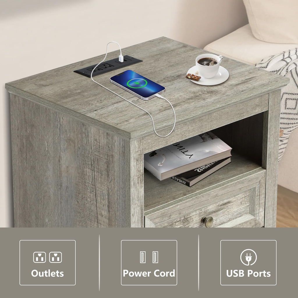 LOUVIXA Nightstand with Charging Station, Farmhouse Night Stand with 2 Drawers, Bedside Cabinet for Bedroom, End Table Side Table with Storage (1, White)
