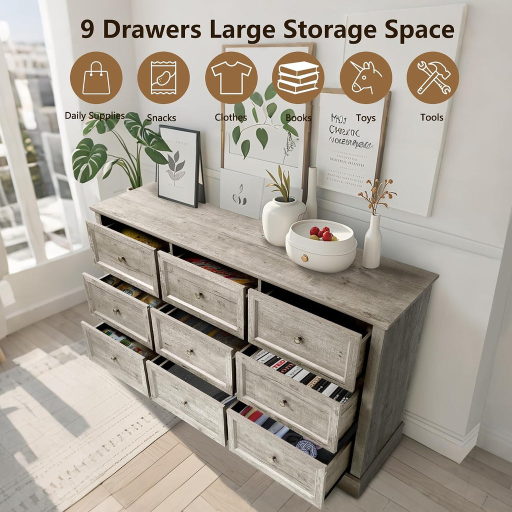LOUVIXA Farmhouse Bedroom Sets of 3, Including 9 Drawer Dresser, Nightstand Set of 2 with Charging Station (Grey Sets)