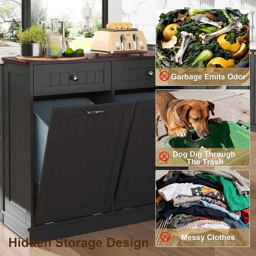 LOUVIXA Tilt Out Trash Can Cabinet Dog Proof with Double Wood Hidden Trash Can Holder, Kitchen Free Standing Recycling Cabinet（Black）
