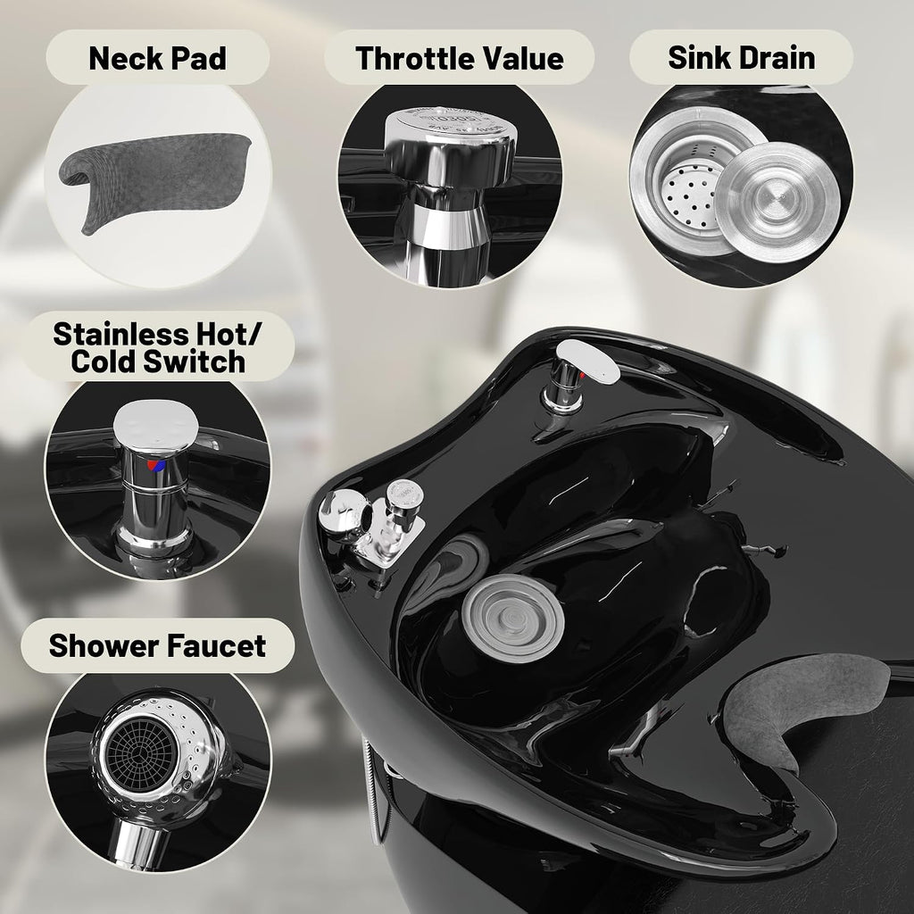 LOUVIXA Shampoo Stations for Salons, Shampoo Bowl and Chair with Tilting Porcelain Bowl and Adjustable Footrest, Black