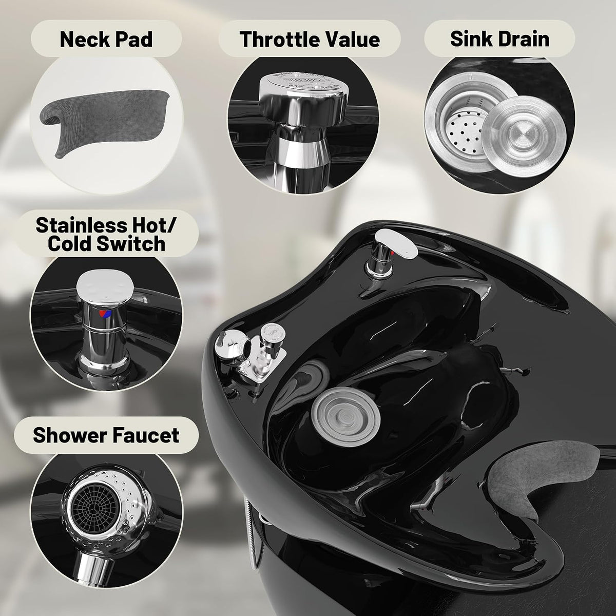LOUVIXA Shampoo Stations for Salons, Shampoo Bowl and Chair with Tilting Porcelain Bowl and Adjustable Footrest, Black