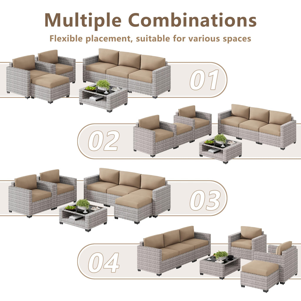 LOUVIXA 7 Piece Outdoor Patio Furniture Set, Rattan Chairs Glass Table Wicker Conversation Seating Sectional Sofa with Cushions (Brown-Camel, 7Pcs-2 Layer Coffee Table)