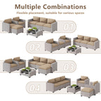 LOUVIXA 7 Piece Outdoor Patio Furniture Set, Rattan Chairs Glass Table Wicker Conversation Seating Sectional Sofa with Cushions (Brown-Camel, 7Pcs-2 Layer Coffee Table)