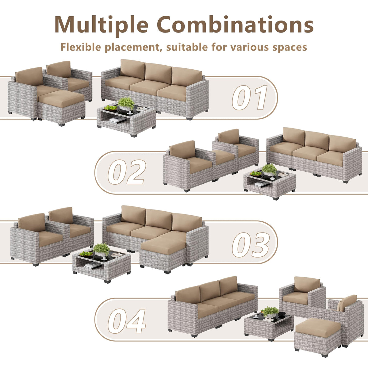 LOUVIXA 7 Piece Outdoor Patio Furniture Set, Rattan Chairs Glass Table Wicker Conversation Seating Sectional Sofa with Cushions (Brown-Camel, 7Pcs-2 Layer Coffee Table)