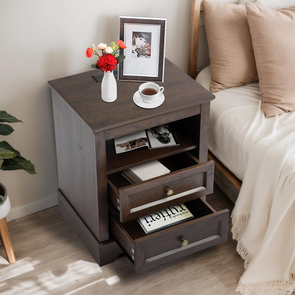 LOUVIXA Nightstand with Charging Station, Farmhouse Night Stand with 2 Drawers, Bedside Cabinet for Bedroom, End Table Side Table with Storage (1, White)
