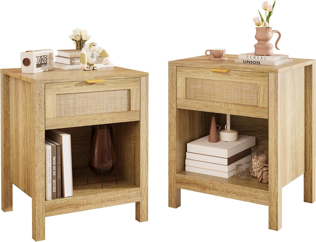 LOUVIXA Rattan Nightstand Set of 2, Boho Bed Side Tables, Nightstand with Drawer and Storage Shelf, Rattan End Tables for Living Room, Bedroom, Small Space