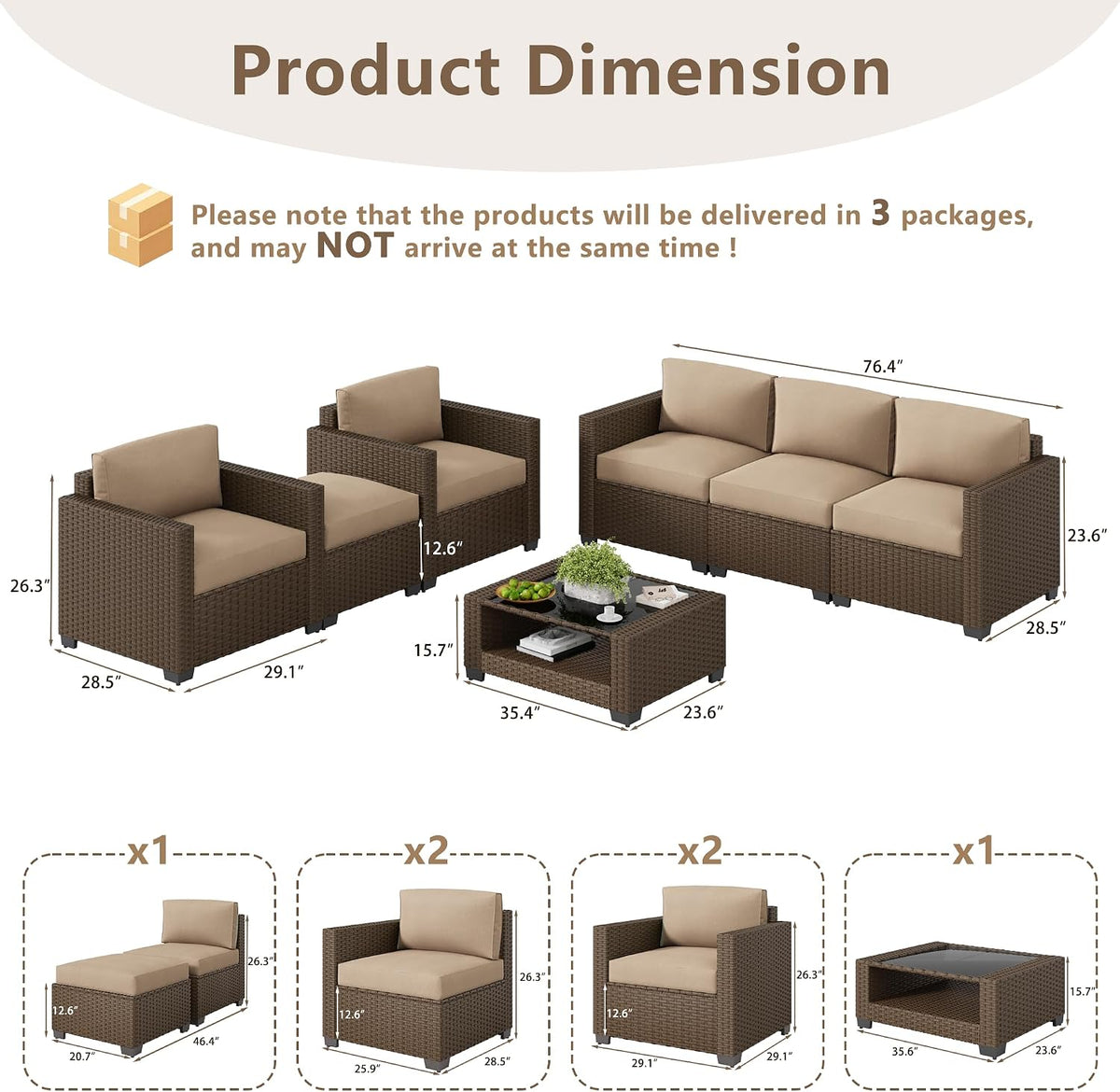 LOUVIXA 7 Piece Outdoor Patio Furniture Set, Rattan Chairs Glass Table Wicker Conversation Seating Sectional Sofa with Cushions (Brown-Camel, 7Pcs-2 Layer Coffee Table)