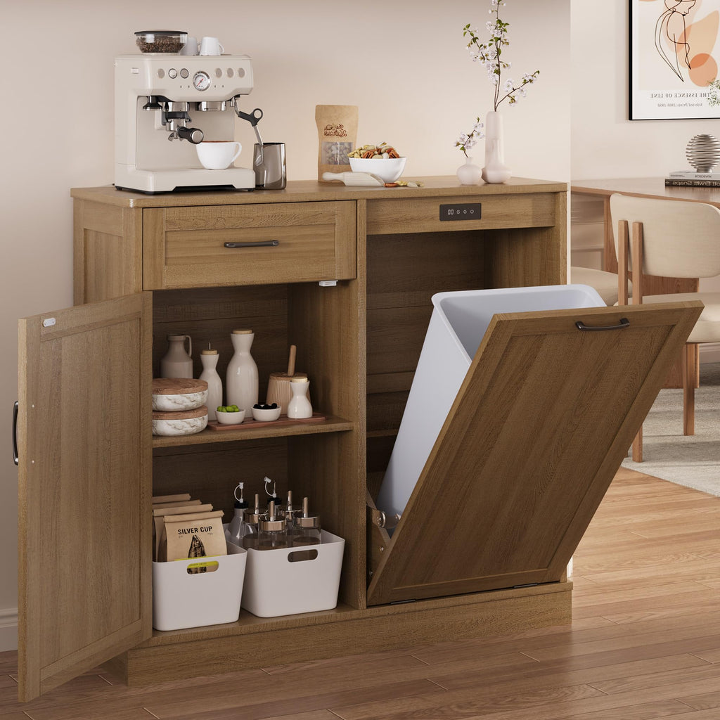 LOUVIXA Double Tilt Out Trash Cabinet, Kitchen Island with Trash Storage, Trashcan Cabinet for Kitchens, Wood Cabinet with Trash Can Pull Out, Dog Proof Trash Can (Off White, 20 Gal)