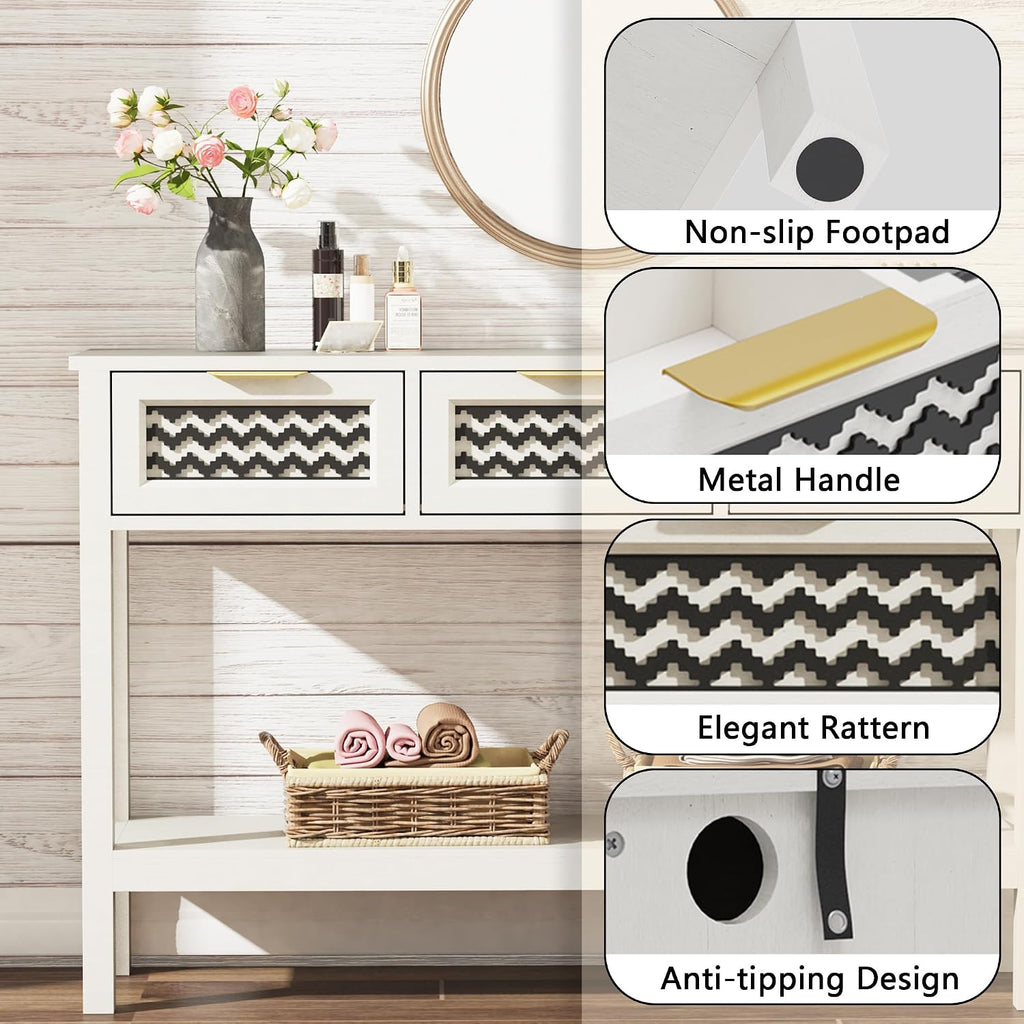 LOUVIXA Boho Entryway Table, Rattan Console Table, Wood Entryway Console, Long Hallway Table with 3 Drawers & Open Shelf for Living Room, Hallway, Corridor, Foyer (White)