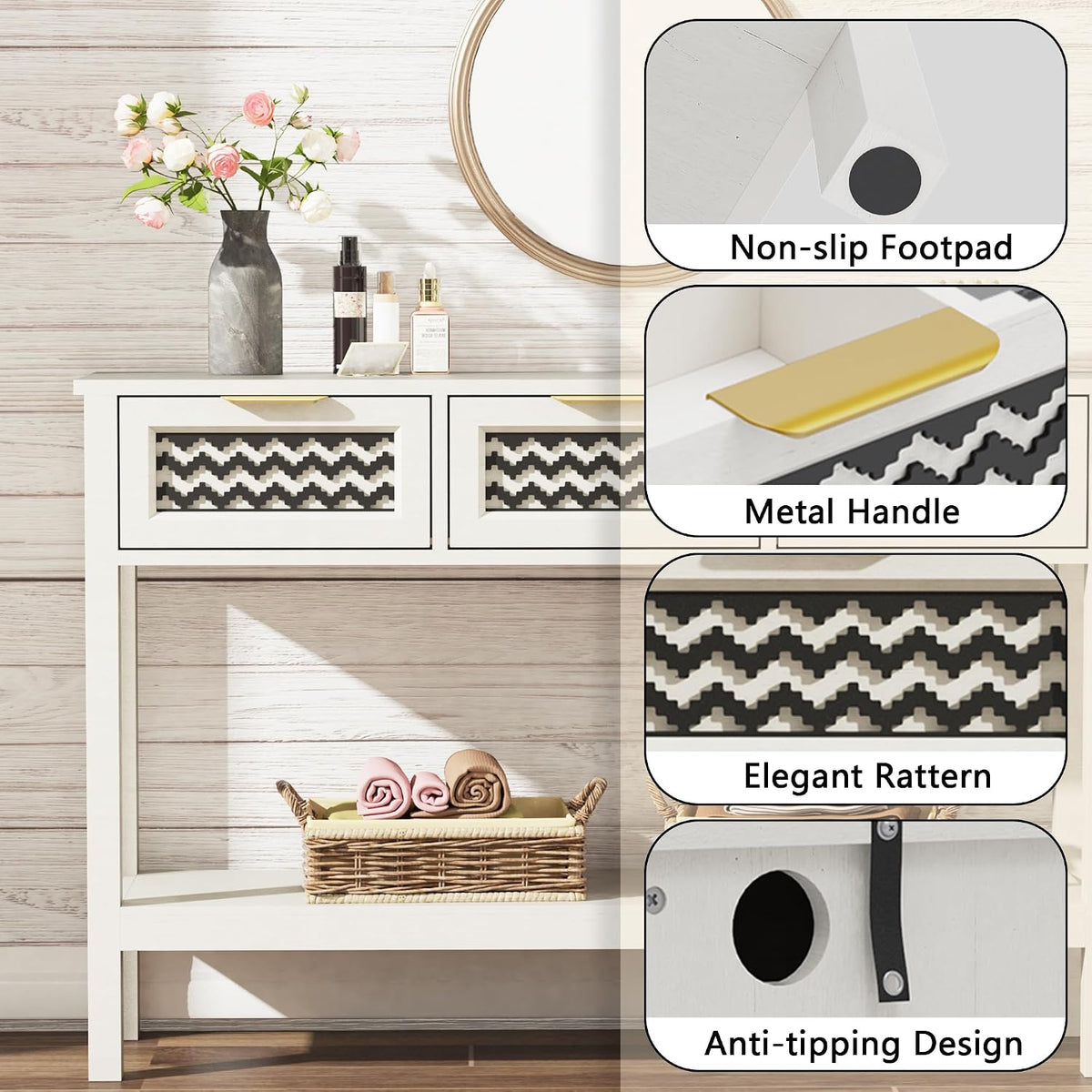 LOUVIXA Boho Entryway Table, Rattan Console Table, Wood Entryway Console, Long Hallway Table with 3 Drawers & Open Shelf for Living Room, Hallway, Corridor, Foyer (White)