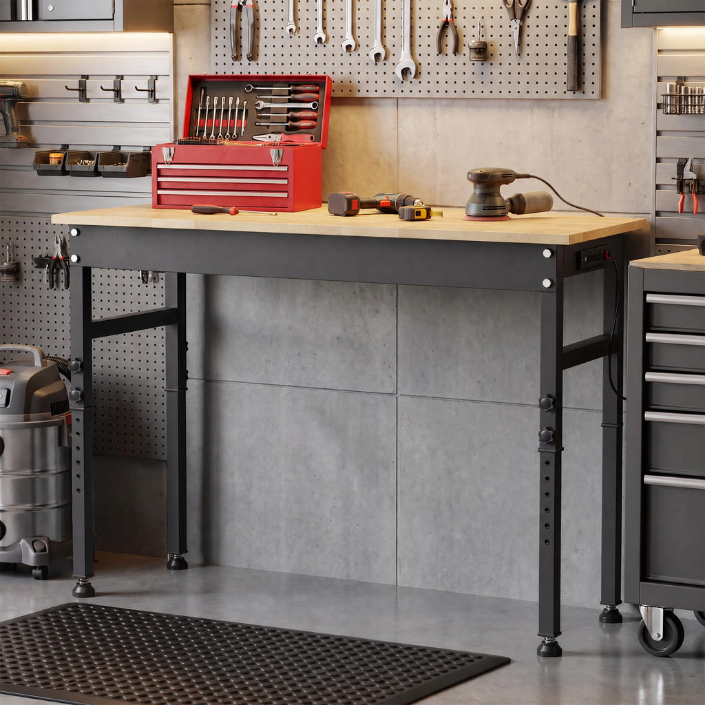 94.5" Heavy Duty Workbench, Height Adjustable Garage Work Table, Workstation Desk with Power Strip2, Workbench with Pegboard, 2000LBS Max Load