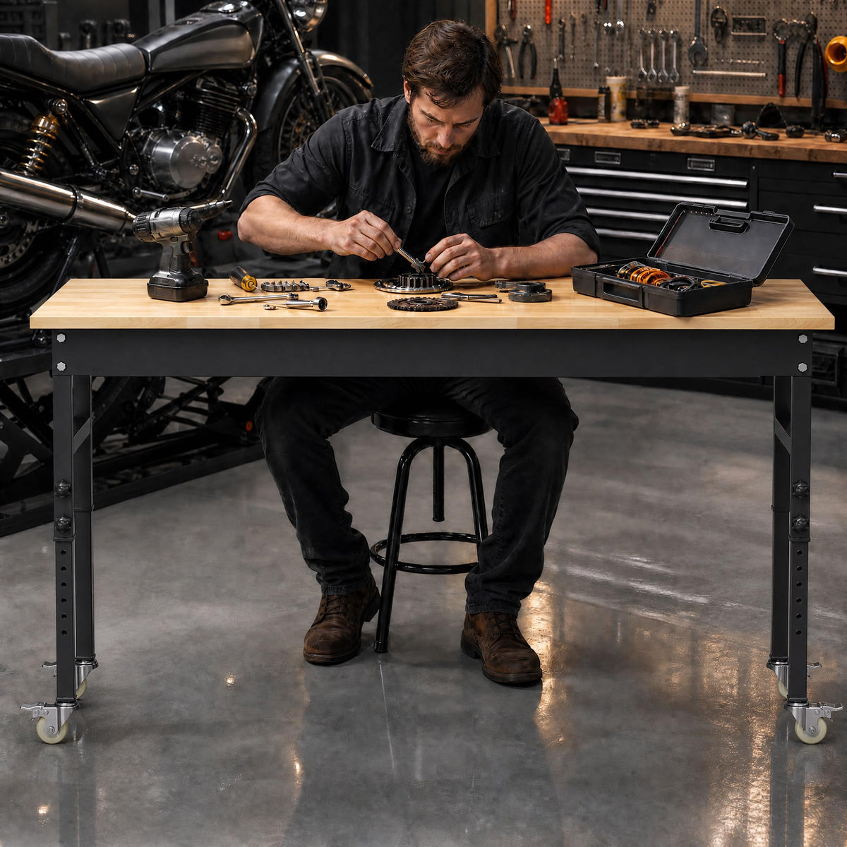 94.5" Heavy Duty Workbench, Height Adjustable Garage Work Table, Workstation Desk with Power Strip2, Workbench with Pegboard, 2000LBS Max Load