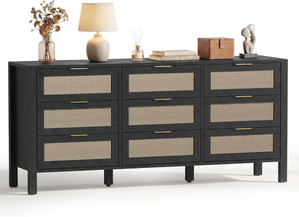 LOUVIXA Rattan Chest of Dressers, Wooden Drawer Dresser, 9 Drawers Rattan Dresser for Bedroom, Living Room, Hallway (Black, 9 Drawers)