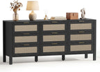 LOUVIXA Rattan Chest of Dressers, Wooden Drawer Dresser, 9 Drawers Rattan Dresser for Bedroom, Living Room, Hallway (Black, 9 Drawers)