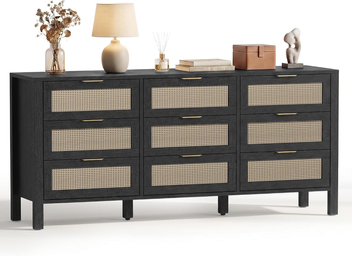 LOUVIXA Rattan Chest of Dressers, Wooden Drawer Dresser, 9 Drawers Rattan Dresser for Bedroom, Living Room, Hallway (Black, 9 Drawers)