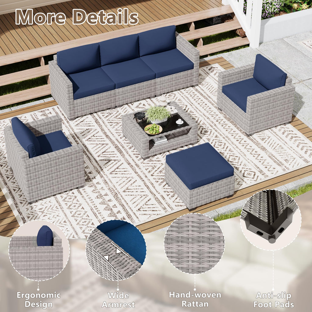 LOUVIXA 7 Piece Outdoor Patio Furniture Set, Rattan Chairs Glass Table Wicker Conversation Seating Sectional Sofa with Cushions (Brown-Camel, 7Pcs-2 Layer Coffee Table)