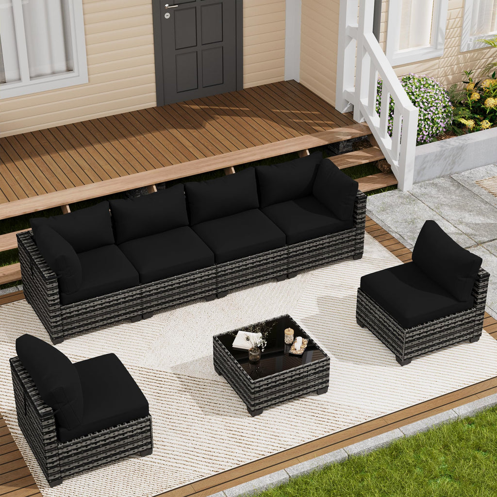 LOUVIXA 7 Piece Outdoor Patio Furniture Set, Rattan Chairs Glass Table Wicker Conversation Seating Sectional Sofa with Cushions (Brown-Camel, 7Pcs-2 Layer Coffee Table)
