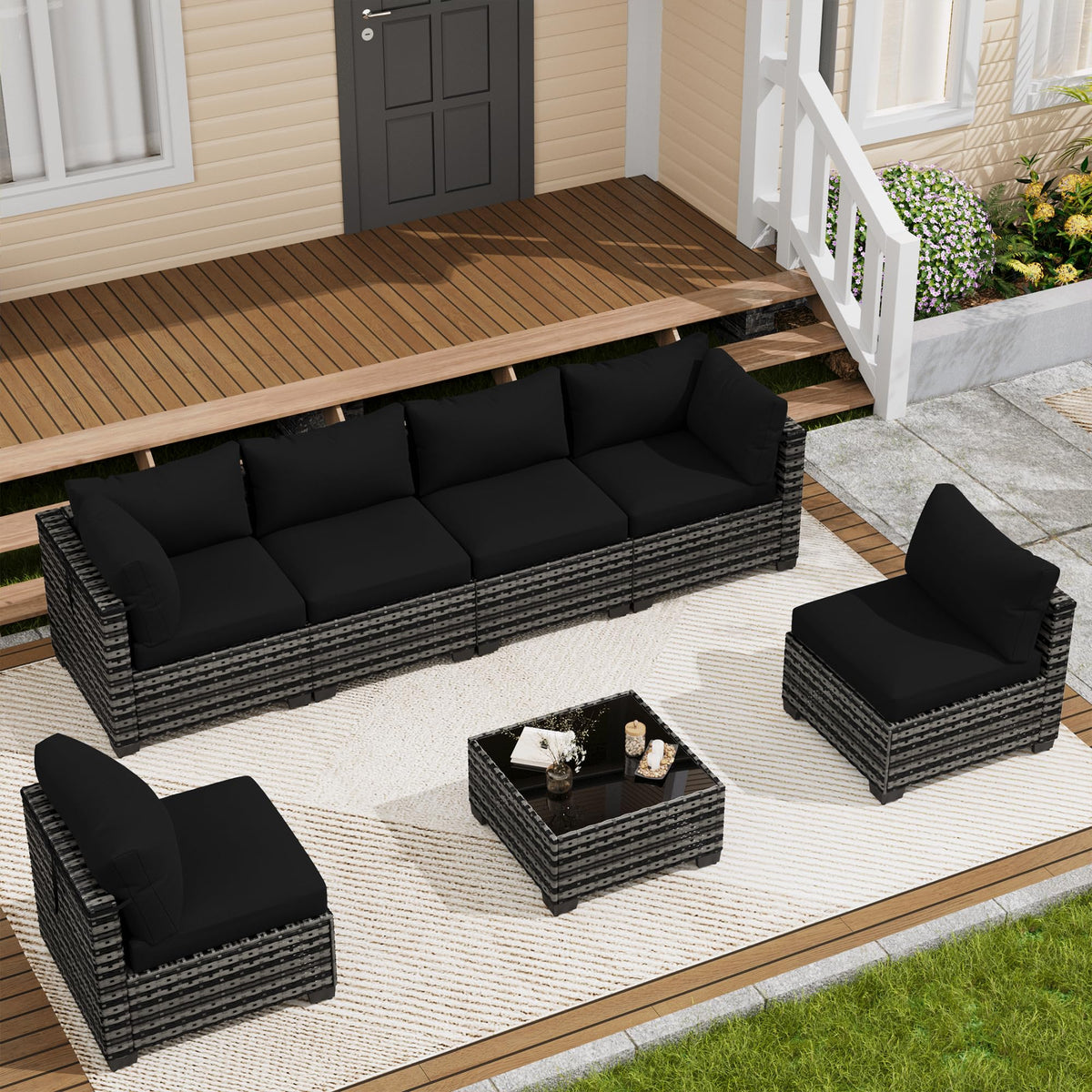 LOUVIXA 7 Piece Outdoor Patio Furniture Set, Rattan Chairs Glass Table Wicker Conversation Seating Sectional Sofa with Cushions (Brown-Camel, 7Pcs-2 Layer Coffee Table)