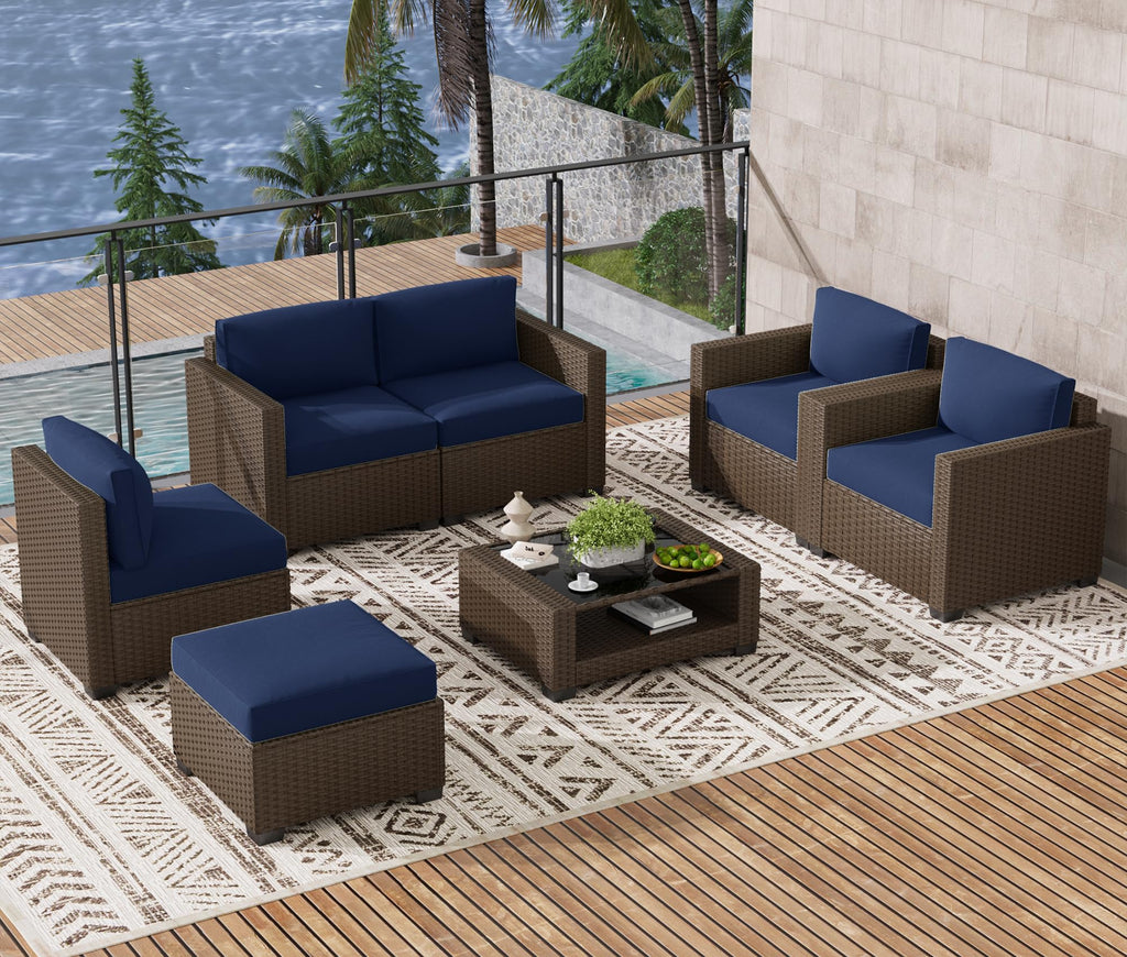 LOUVIXA 7 Piece Outdoor Patio Furniture Set, Rattan Chairs Glass Table Wicker Conversation Seating Sectional Sofa with Cushions (Brown-Camel, 7Pcs-2 Layer Coffee Table)