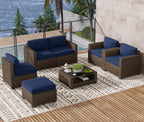 LOUVIXA 7 Piece Outdoor Patio Furniture Set, Rattan Chairs Glass Table Wicker Conversation Seating Sectional Sofa with Cushions (Brown-Camel, 7Pcs-2 Layer Coffee Table)