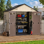 8x6 Resin Shed with Floor, Plastic Storage Shed with Window, Outside Storage Sheds with Lockable Door, Vents for Backyard, Garden, Lawn (8FTx6FT)