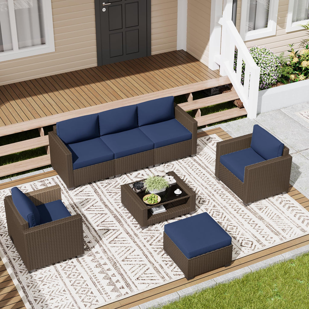 LOUVIXA 7 Piece Outdoor Patio Furniture Set, Rattan Chairs Glass Table Wicker Conversation Seating Sectional Sofa with Cushions (Brown-Camel, 7Pcs-2 Layer Coffee Table)