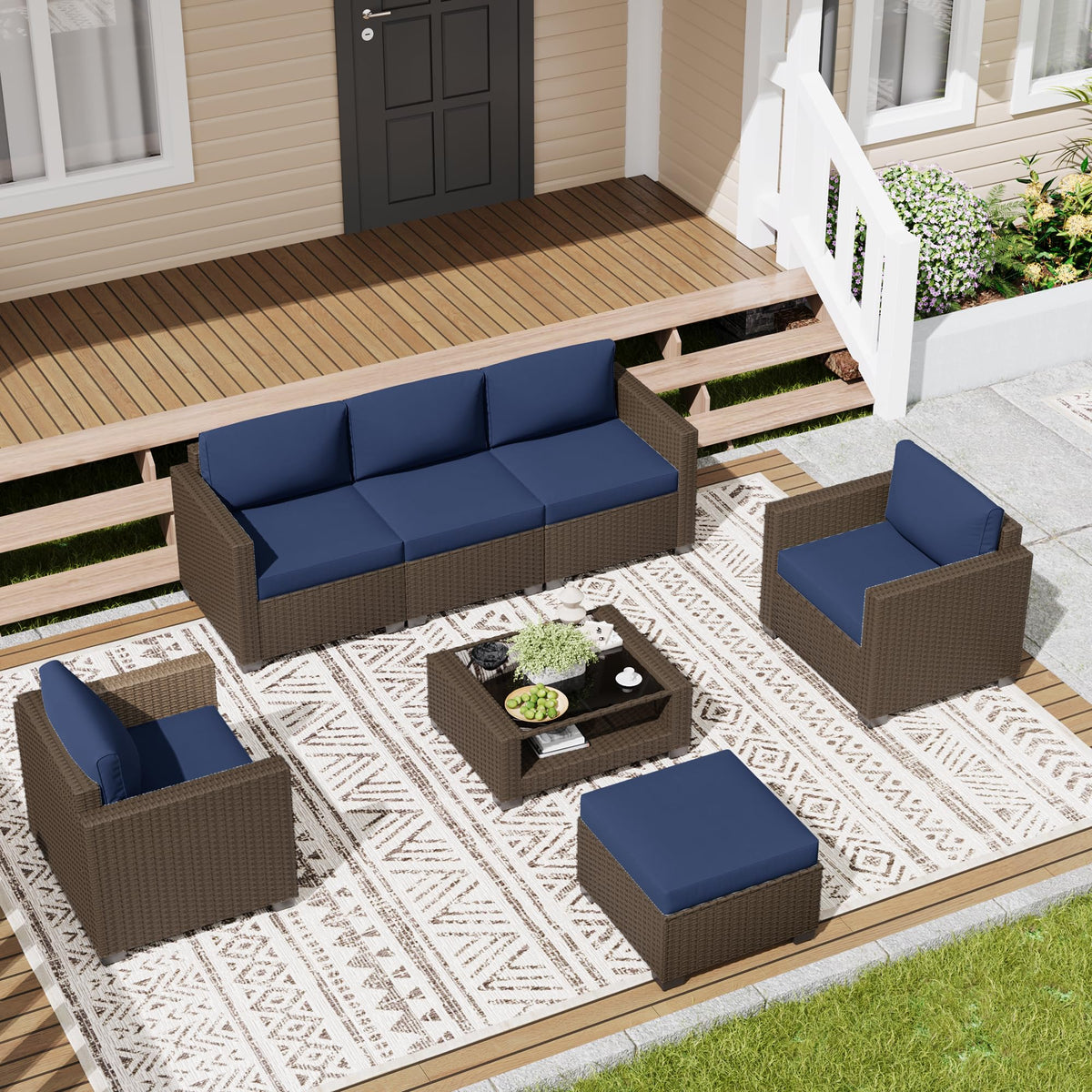 LOUVIXA 7 Piece Outdoor Patio Furniture Set, Rattan Chairs Glass Table Wicker Conversation Seating Sectional Sofa with Cushions (Brown-Camel, 7Pcs-2 Layer Coffee Table)