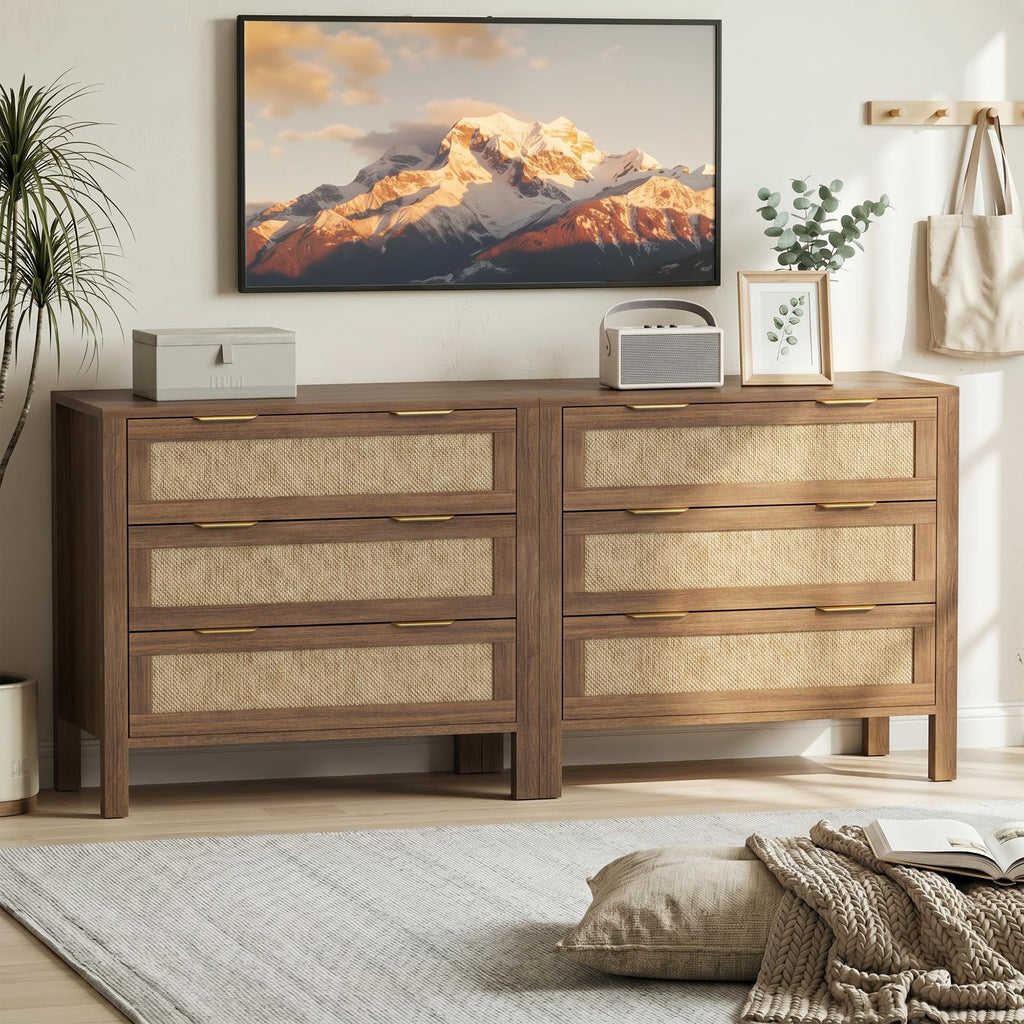 LOUVIXA Rattan Chest of Dressers, Wooden Drawer Dresser, 9 Drawers Rattan Dresser for Bedroom, Living Room, Hallway (Black, 9 Drawers)