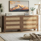 LOUVIXA Rattan Chest of Dressers, Wooden Drawer Dresser, 9 Drawers Rattan Dresser for Bedroom, Living Room, Hallway (Black, 9 Drawers)