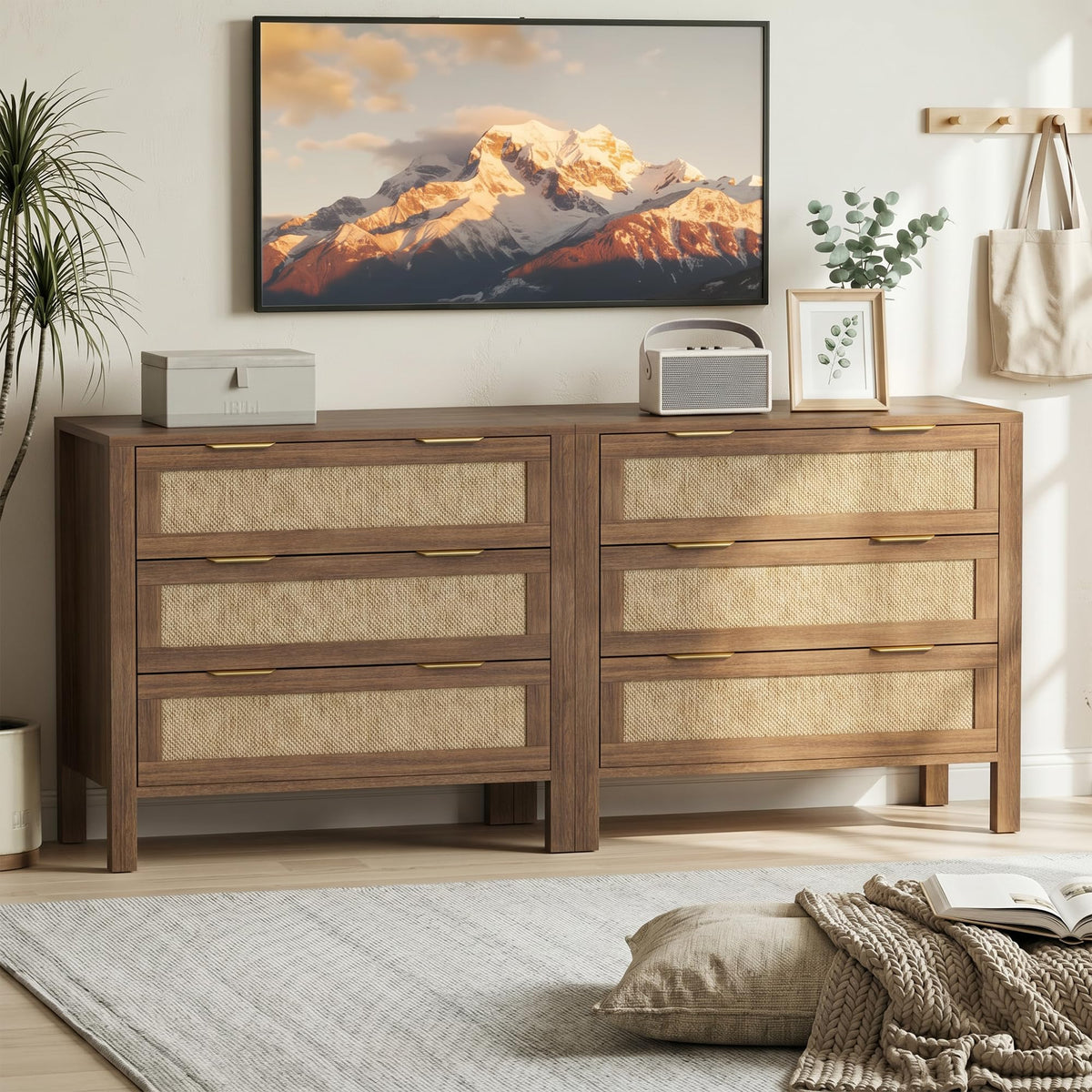 LOUVIXA Rattan Chest of Dressers, Wooden Drawer Dresser, 9 Drawers Rattan Dresser for Bedroom, Living Room, Hallway (Black, 9 Drawers)