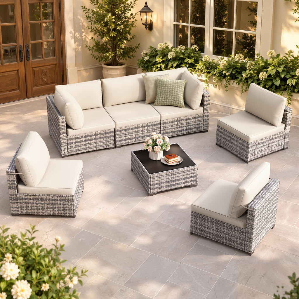 LOUVIXA 7 Piece Outdoor Patio Furniture Set, Rattan Chairs Glass Table Wicker Conversation Seating Sectional Sofa with Cushions (Brown-Camel, 7Pcs-2 Layer Coffee Table)
