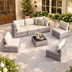 LOUVIXA 7 Piece Outdoor Patio Furniture Set, Rattan Chairs Glass Table Wicker Conversation Seating Sectional Sofa with Cushions (Brown-Camel, 7Pcs-2 Layer Coffee Table)