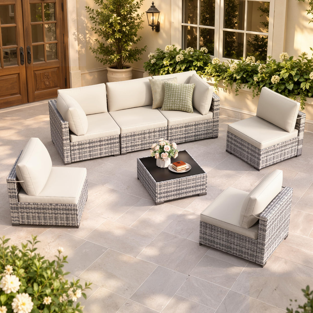 LOUVIXA 7 Piece Outdoor Patio Furniture Set, Rattan Chairs Glass Table Wicker Conversation Seating Sectional Sofa with Cushions (Brown-Camel, 7Pcs-2 Layer Coffee Table)