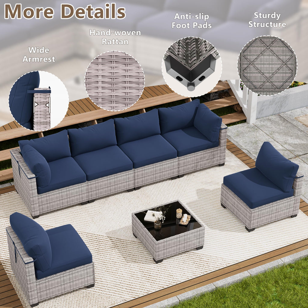 LOUVIXA 7 Piece Outdoor Patio Furniture Set, Rattan Chairs Glass Table Wicker Conversation Seating Sectional Sofa with Cushions (Brown-Camel, 7Pcs-2 Layer Coffee Table)