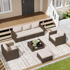 LOUVIXA 7 Piece Outdoor Patio Furniture Set, Rattan Chairs Glass Table Wicker Conversation Seating Sectional Sofa with Cushions (Brown-Camel, 7Pcs-2 Layer Coffee Table)