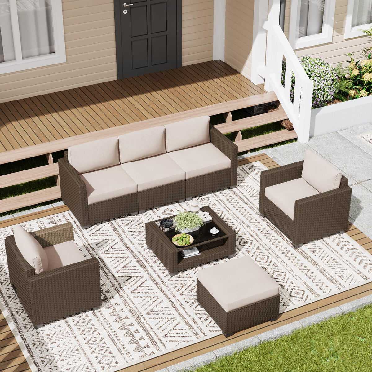 LOUVIXA 7 Piece Outdoor Patio Furniture Set, Rattan Chairs Glass Table Wicker Conversation Seating Sectional Sofa with Cushions (Brown-Camel, 7Pcs-2 Layer Coffee Table)