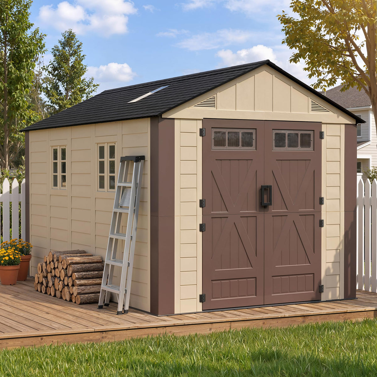 8x6 Resin Shed with Floor, Plastic Storage Shed with Window, Outside Storage Sheds with Lockable Door, Vents for Backyard, Garden, Lawn (8FTx6FT)