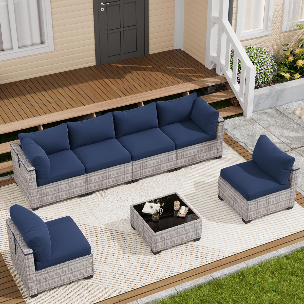 LOUVIXA 7 Piece Outdoor Patio Furniture Set, Rattan Chairs Glass Table Wicker Conversation Seating Sectional Sofa with Cushions (Brown-Camel, 7Pcs-2 Layer Coffee Table)
