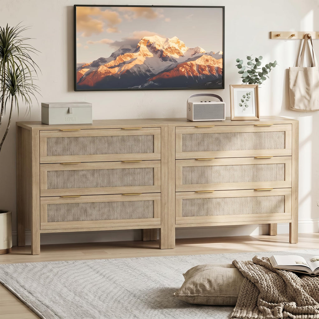 LOUVIXA Rattan Chest of Dressers, Wooden Drawer Dresser, 9 Drawers Rattan Dresser for Bedroom, Living Room, Hallway (Black, 9 Drawers)