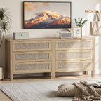 LOUVIXA Rattan Chest of Dressers, Wooden Drawer Dresser, 9 Drawers Rattan Dresser for Bedroom, Living Room, Hallway (Black, 9 Drawers)
