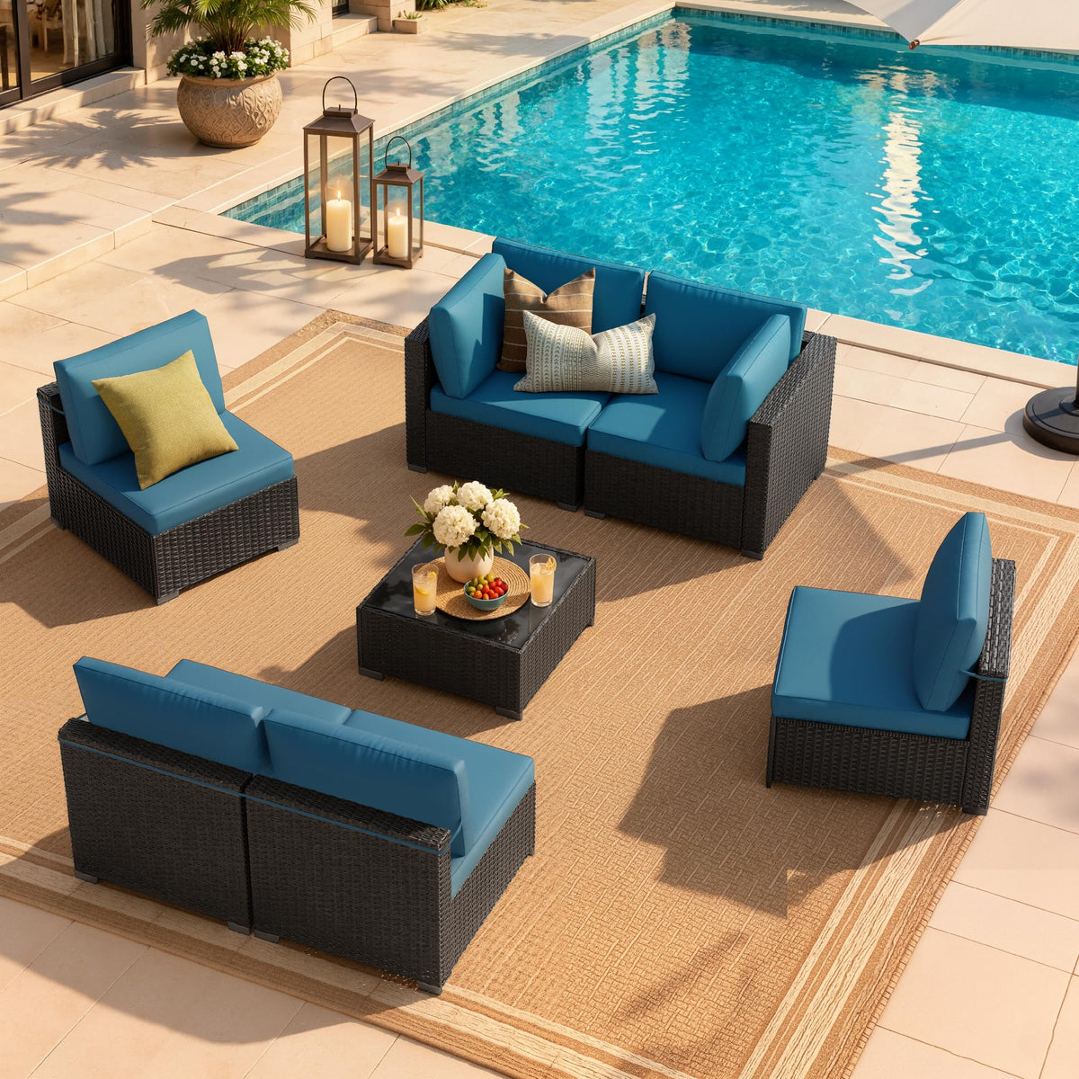 LOUVIXA 7 Piece Outdoor Patio Furniture Set, Rattan Chairs Glass Table Wicker Conversation Seating Sectional Sofa with Cushions (Brown-Camel, 7Pcs-2 Layer Coffee Table)