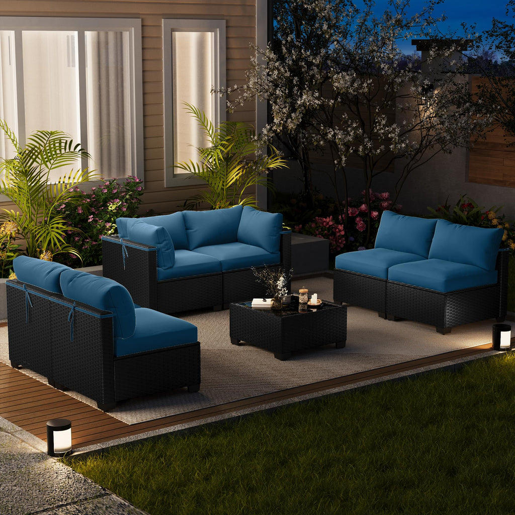 LOUVIXA 7 Piece Outdoor Patio Furniture Set, Rattan Chairs Glass Table Wicker Conversation Seating Sectional Sofa with Cushions (Brown-Camel, 7Pcs-2 Layer Coffee Table)
