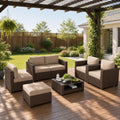 LOUVIXA 7 Piece Outdoor Patio Furniture Set, Rattan Chairs Glass Table Wicker Conversation Seating Sectional Sofa with Cushions (Brown-Camel, 7Pcs-2 Layer Coffee Table)