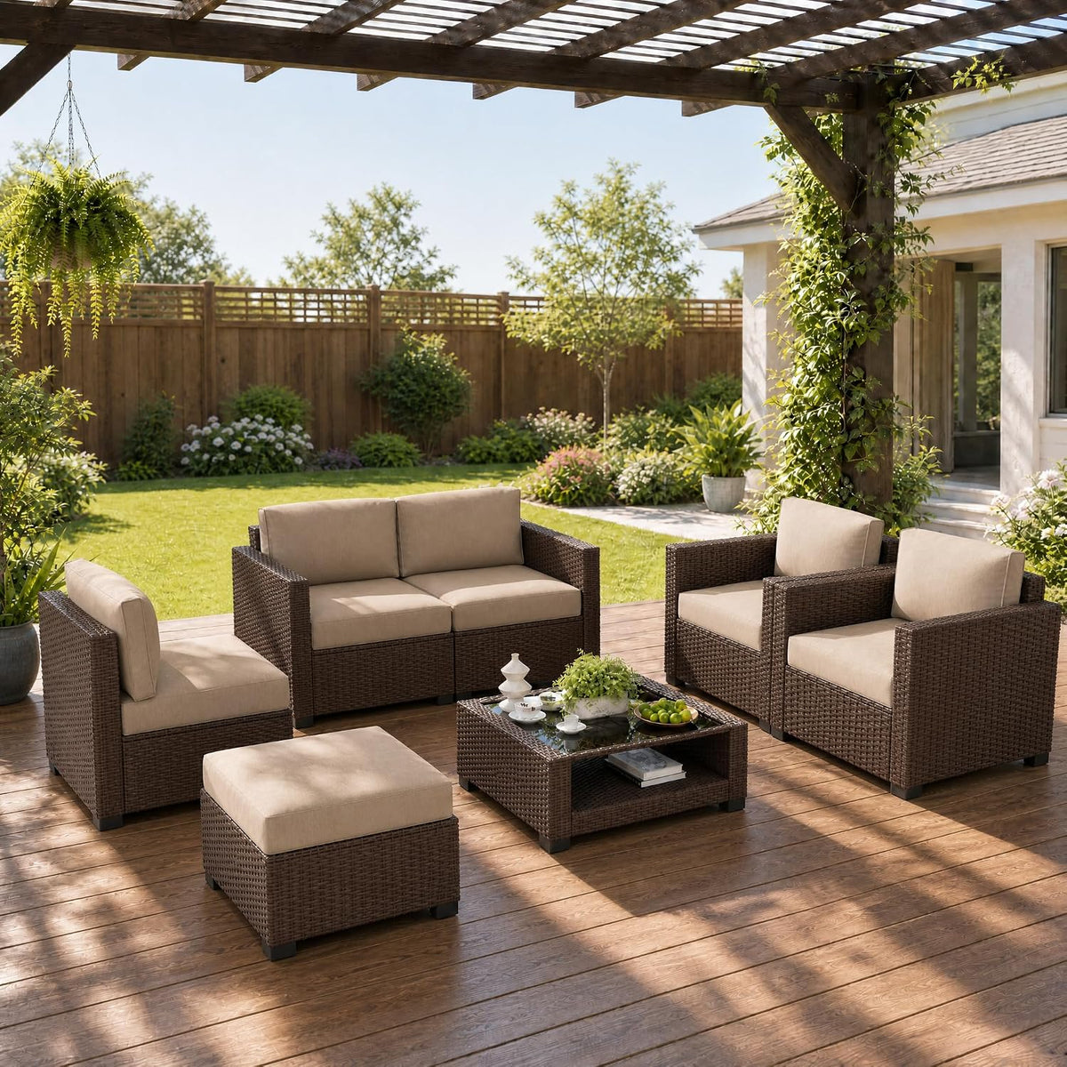 LOUVIXA 7 Piece Outdoor Patio Furniture Set, Rattan Chairs Glass Table Wicker Conversation Seating Sectional Sofa with Cushions (Brown-Camel, 7Pcs-2 Layer Coffee Table)