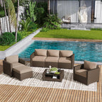 LOUVIXA 7 Piece Outdoor Patio Furniture Set, Rattan Chairs Glass Table Wicker Conversation Seating Sectional Sofa with Cushions (Brown-Camel, 7Pcs-2 Layer Coffee Table)