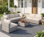 LOUVIXA 7 Piece Outdoor Patio Furniture Set, Rattan Chairs Glass Table Wicker Conversation Seating Sectional Sofa with Cushions (Brown-Camel, 7Pcs-2 Layer Coffee Table)