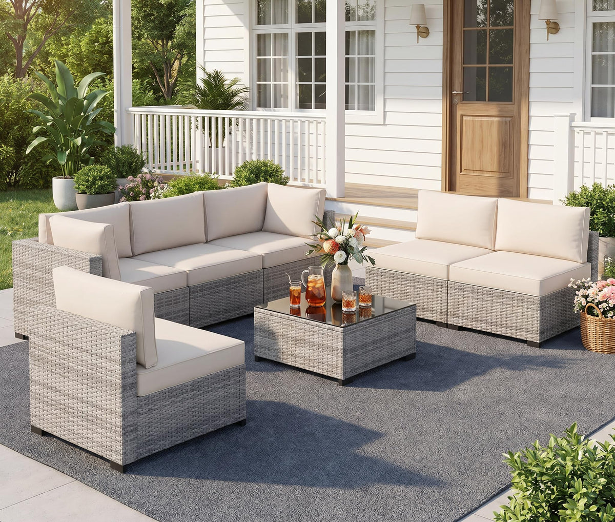 LOUVIXA 7 Piece Outdoor Patio Furniture Set, Rattan Chairs Glass Table Wicker Conversation Seating Sectional Sofa with Cushions (Brown-Camel, 7Pcs-2 Layer Coffee Table)