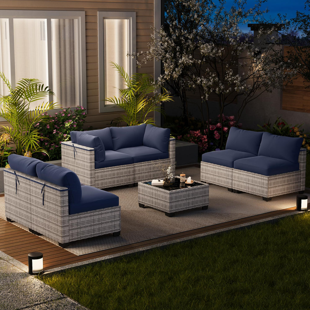 LOUVIXA 7 Piece Outdoor Patio Furniture Set, Rattan Chairs Glass Table Wicker Conversation Seating Sectional Sofa with Cushions (Brown-Camel, 7Pcs-2 Layer Coffee Table)